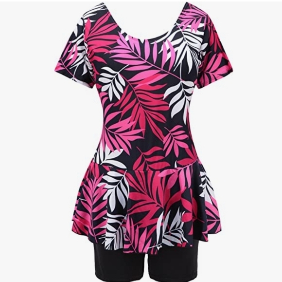 Knaspor Modest Swimsuit w/Attached Shorts Rose Red Floral Leaf Print Size 12-14 - Picture 3 of 13